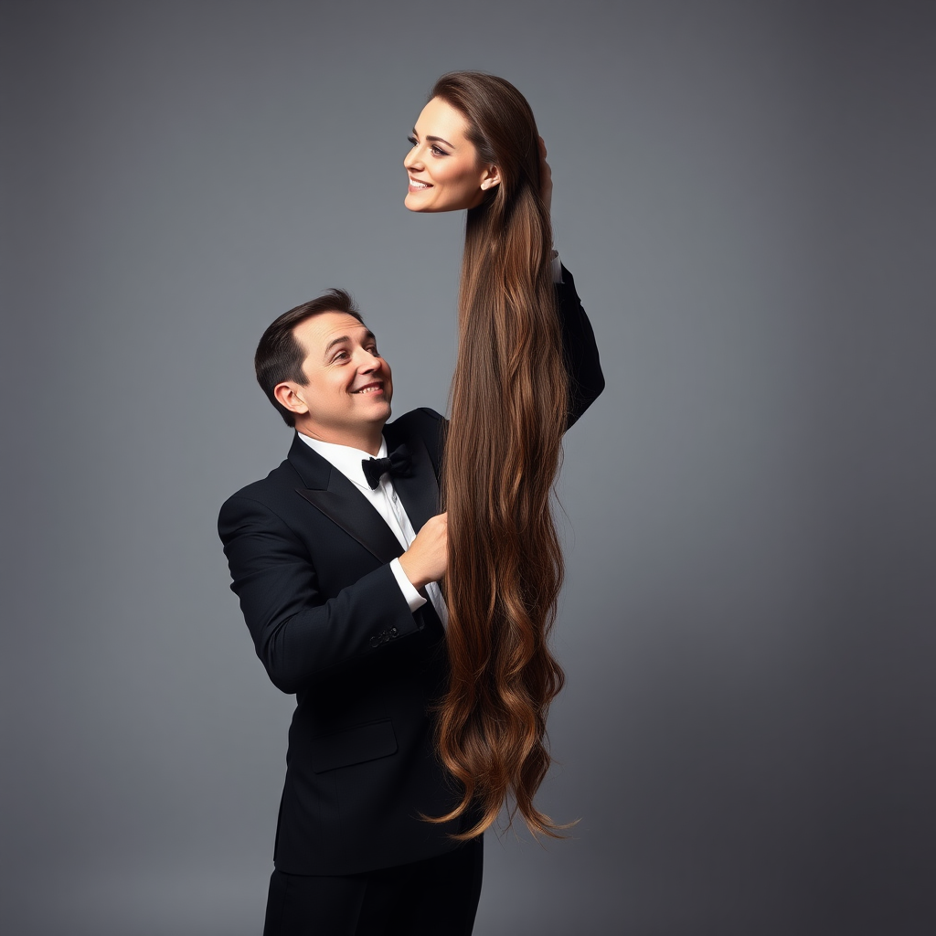 A surreal image of a smiling male magician standing to the side while holding up the disembodied head of a very long haired Kate Middleton. He is grabbing her very long hair and pulling it up high in the air, while her head is hanging by her hair from his grasp to display it to the camera. Plain gray background.