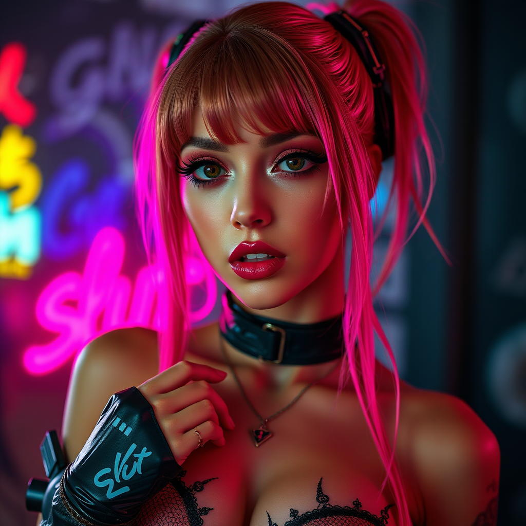 Real detailed full body photo of Sexy cyberpunk waifu, real life, “slut” written in lipstick