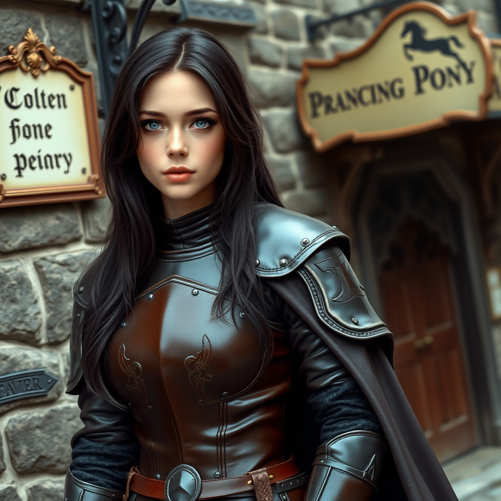 beautiful young woman, dark hair past her shoulders, blue eyes, small, slim figure, wearing full leather armor suit, long cloak, standing next to medieval tavern with sign: "Prancing Pony".