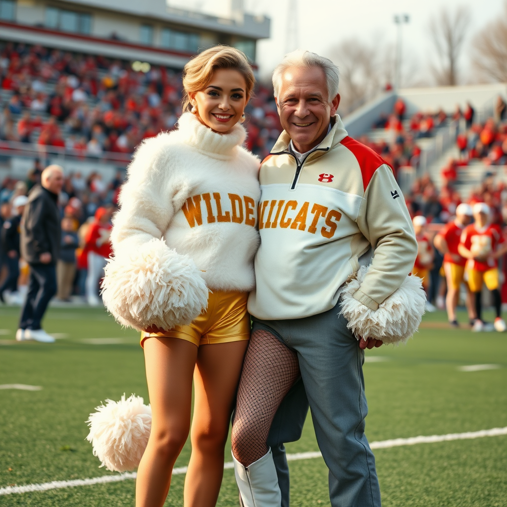 Sunny cold fall noon, college football stadium game, cheerleaders leader squat: Ana, European 17 years old very convincing femboy “QB’s trophy-bimbo”, tamed servile docile, very beautiful feminine flawless face, rather short boyish figure, platinum blond short tight curls, bold red lips, heavily made-up face, fluffy very fuzzy bright white plushy hazy thick angora turtleneck-sweater with “gold “WILDCATS” letters, vinyl gold short shorts, mesh pantyhose, white vinyl thigh-high boots with golden heels, large gold-white pompoms, pearl earrings, standing, shoulders slightly arched back to present her assets, posing for photo with Hank: older tall overweight male football coach, wearing college football coach outfit, triumphant smile, nimbly patting Ana.