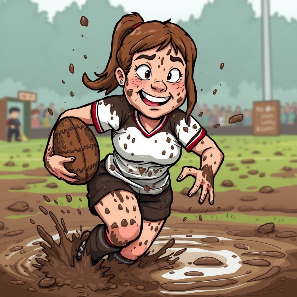 cartoon of very muddy woman rugby player, splattered and smeared head to toe with thick gooey mud, on a muddy rugby pitch