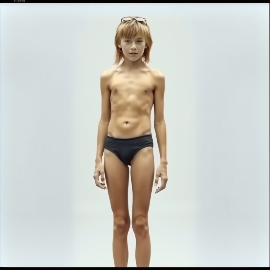 A skinny 14yo teen boy, long hairs bow cut, wearing narrow speedo, long legs, narrow thighs. full-length view. 1970s. photorealistic, ultra high resolution, 16K, Negative: grainy, blurry, bad anatomy, extra limbs, watermark.