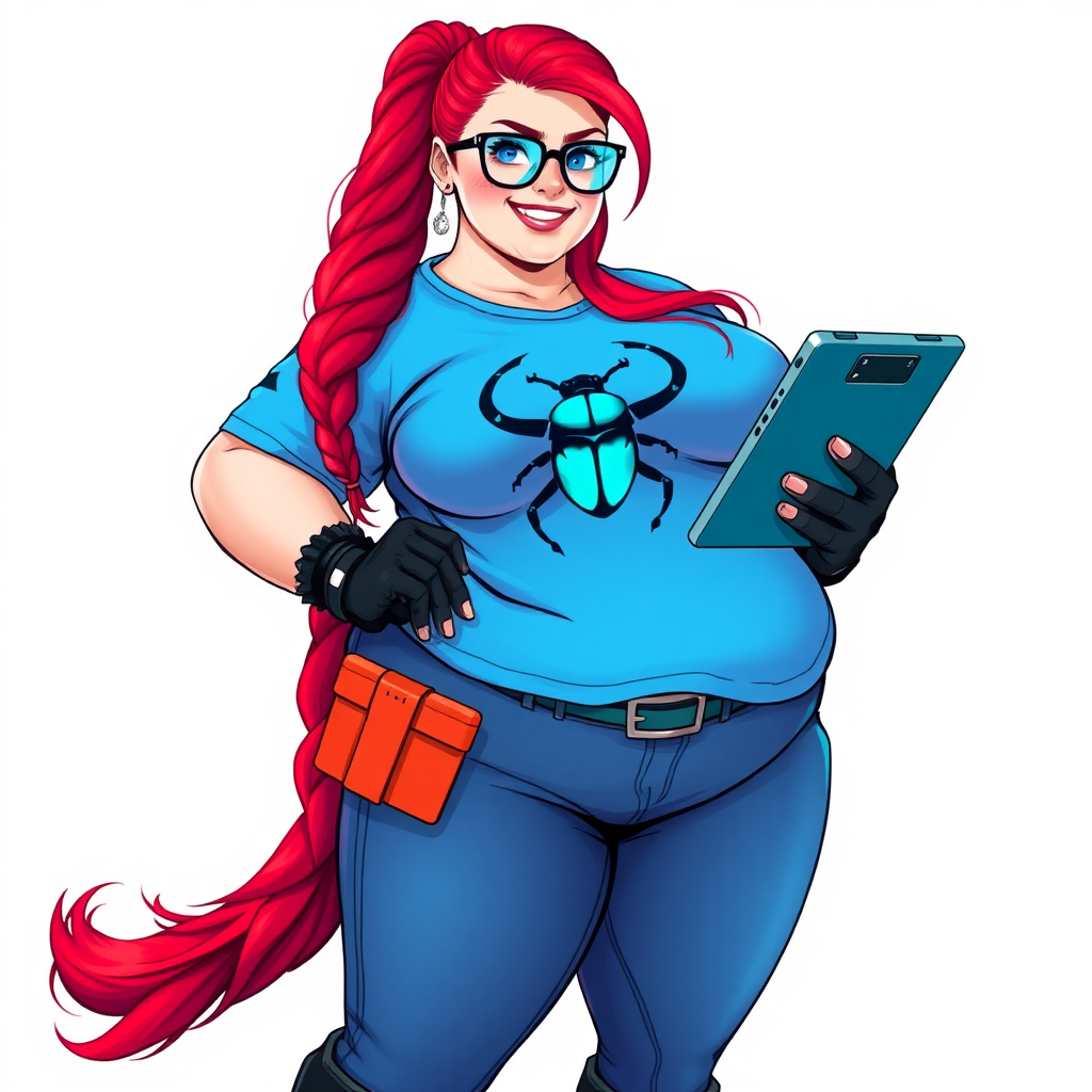 A 28-year-old, full-figured computer hacker and tech wiz girlfriend of a cyberpunk vigilante. Her long ponytail of ruby red hair, and striking, bright blue eyes make her stand out. Her prominent, round, wrecking ball-sized midsection, sequoia-sized limbs, and broad shoulders define her full figure, which has been heavily pampered by her doting boyfriend. Her nerdiness is blatantly obvious, and she serves as her boyfriend’s tech expert.

As the loyal and supportive sidekick, she plays a crucial role in their missions, using her digital and technological prowess to assist and protect. She wears an oversized maximum blue t-shirt adorned with a maximum turquoise beetle chest icon, black oversized eyeglasses, matching maximum blue biker pants, and black high-tech gloves. She beams with a neon red blush, holding a futuristic wrench and a digital holographic tablet. She is on a solid white background. She is drawn as if she was in a retro 2D cyberpunk fighting game.