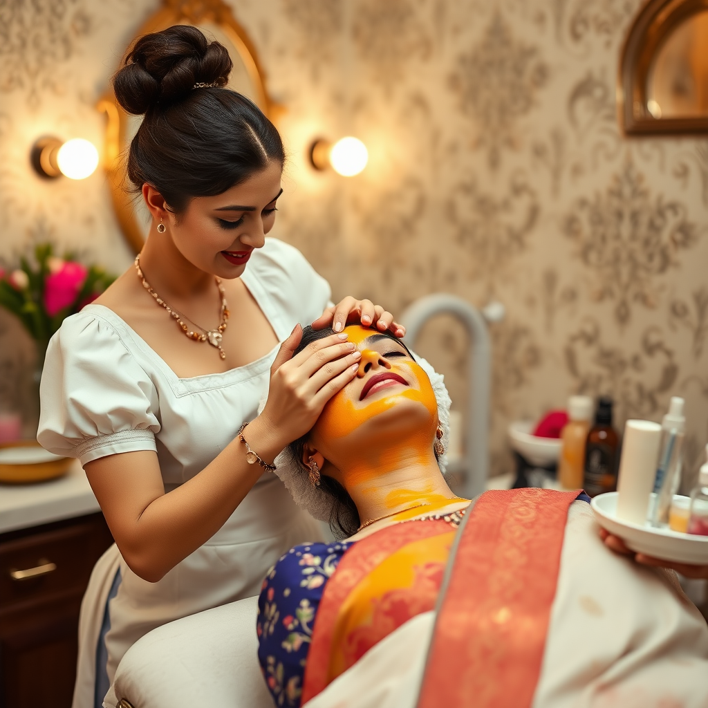 female french maid working in beauty parlour, giving turmeric facial to indian wife