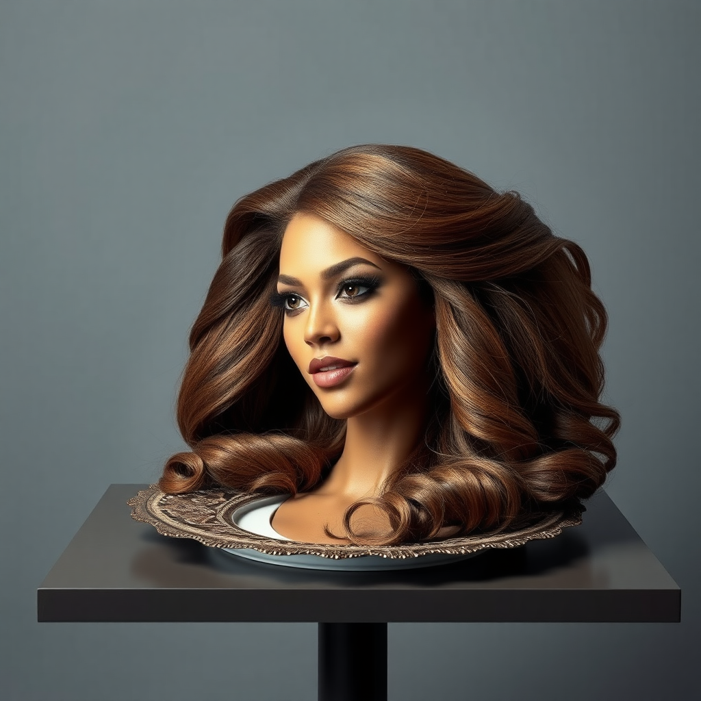 In a surreal and striking scene, the elegantly styled disembodied head of a stunningly beautiful Beyoncé rests gracefully on an ornate, luxurious plate, which is carefully placed on a simple, understated table. Her very long, flowing hair cascades like a rich waterfall of silky, rich brown locks, framing her exquisite face and accentuating her radiant, flawlessly glowing skin. The delicate contours of her chin rest lightly against the polished surface of the plate, lending an unexpected intimacy to the bizarre presentation.

The background is a muted, plain gray, casting an air of modern minimalism that contrasts dramatically with the lavishness of her appearance. Soft shadows play across her features, highlighting the subtle high cheekbones and perfectly shaped lips, which seem poised for a soft smile. The atmosphere feels both elegant and eerie, inviting intrigue and contemplation as viewers are drawn into this surreal artistic tableau, where beauty and the absurd collide in unexpected harmony.