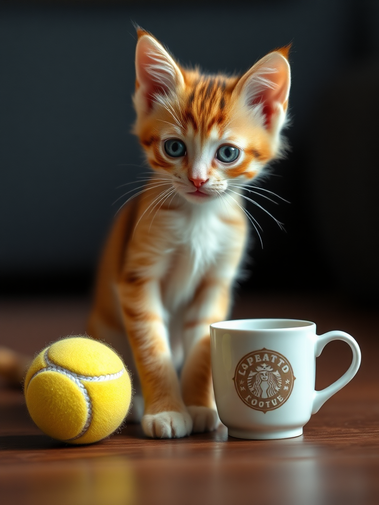 showing the size of a small kitten compared to everyday objects, such as a coffee cup or a tennis ball. make it very realistic 4k