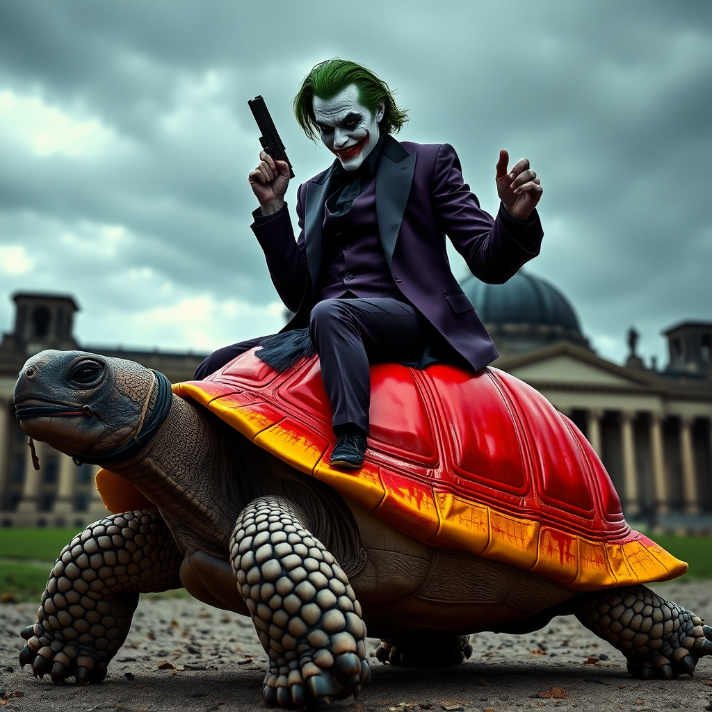 A photorealistic image of the Joker, wearing a dark purple suit with a black shirt, riding on the back of a large turtle. The turtle has a bridle in its mouth, and Joker is holding the reins in his right hand. In his left hand, he is holding a pistol. The upper part of the turtle's shell is painted in the bright colors of the German flag (black, red, and yellow). In the background, the German Bundestag building is visible, under a cloudy, moody sky.