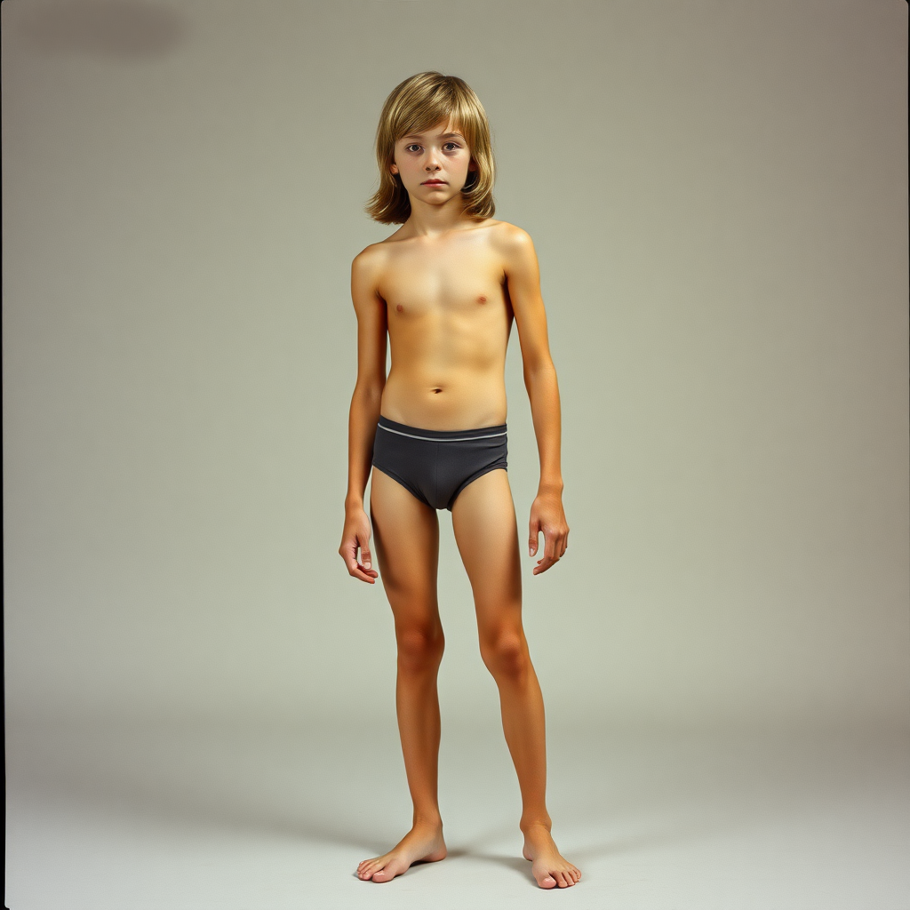 A skinny 14yo teen boy, long hairs bow cut, wearing tight narrow speedo, long legs, narrow thighs. full-length view. 1973. photorealistic, ultra high resolution, 16K, Negative: grainy, blurry, bad anatomy, extra limbs, watermark.