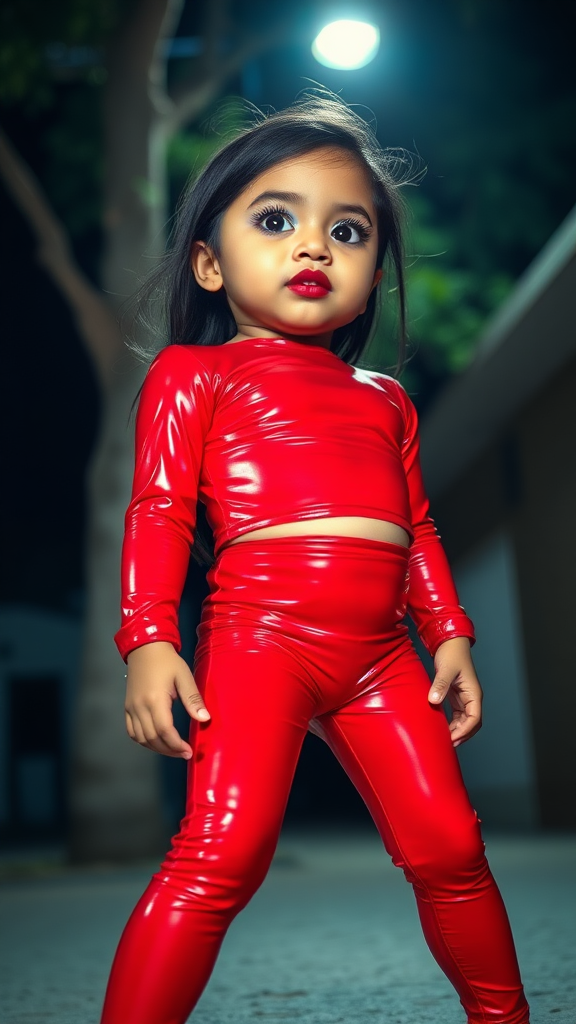 full-body image of a nine-year-old Honduran female child.  
She is wearing very vibrant, thick, bright-blue eyeshadow.  
She is wearing very thick, black, winged eyeliner with long, dramatic eyeliner-wings.  
She is wearing dark red glossy lipstick.  
She is wearing long, thick false eyelashes.  
She is wearing tight-high-gloss-red-latex-long-sleeve-crop.  
She is wearing tight-high-gloss-red-latex-yogapants.  
She is wearing high-heel-sandals.  
Her head is tilted up.  
Low-angle shot, full-body view.  
outside at night, flash photography.  