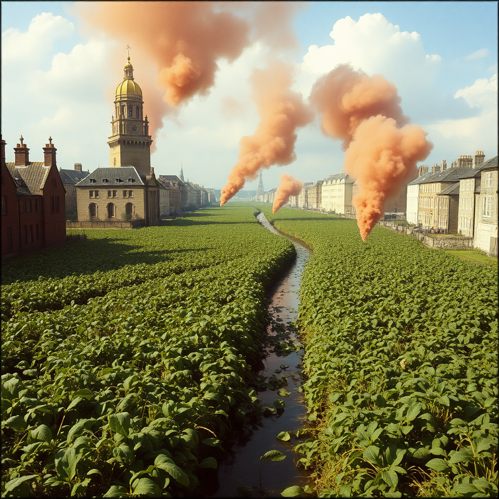 highly detailed Kodachrome color real British surrealist photograph from 1971 of Turn and run! Nothing can stop them Around every river and canal their power is growing Stamp them out! We must destroy them They infiltrate each city with their thick dark warning odour They are invincible They seem immune to all our herbicidal battering