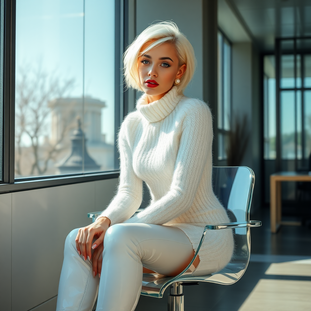 Sunny spring morning, modern glass-steel-concrete office, sitting on glass chair at wall, waiting for the master: Ana, European 17 years old very convincing femboy “trophy-bimbo”, tamed servile docile, very beautiful feminine flawless face, rather short boyish figure, platinum blond short tight curls, bold red lips, heavily made-up face, long French nails, wearing Supertanya-style chunky fluffy very fuzzy bright white plushy mohair figure-hugging turtleneck-knitdress with white pearl decoration, white vinyl thigh-high boots with golden heels, pearl earrings, serious, leaning forward presenting her assets, arrogantly looking at camera.