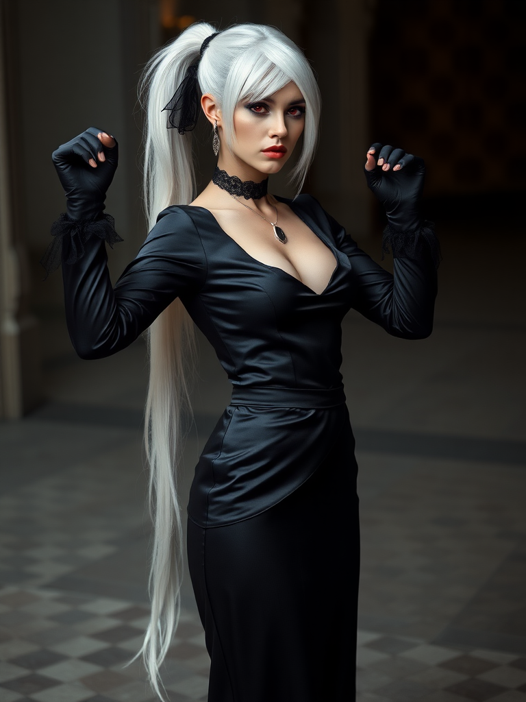 mature adult woman, skinny and tall, long legs, large shoulders, teardrop saggy small breast, long asymmetric undercut layered white hair, side swept bang, long white ponytail tied with a black lace, beautiful detailed face, piercing red eyes with intricate iris details, looking at the camera with a serious expression, wearing gothic style, black silk long sleeve top, black silk long skirt, black pantyhose, black gloves, black ankle boots, standing in a fierce pose with her head held high