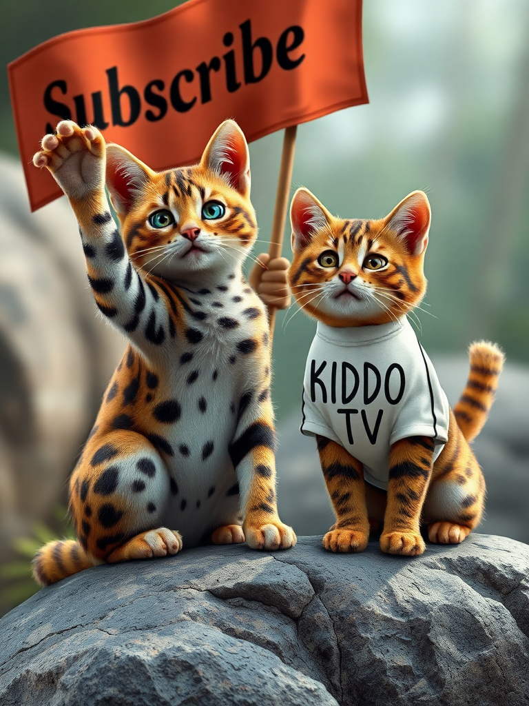 A realistic 4K image of a Rusty Spotted Cat sitting on a rock, waving its paw, and holding a large flag with the word 'Subscribe' written on it. Next to the cat, there is another cat wearing a white shirt with 'KIDDO TV' printed on it. The scene is detailed and vibrant, capturing the cat’s unique spotted fur and the playful, engaging elements of the image. The background should be natural but should not distract from the main subjects.