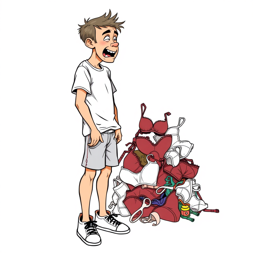 nervous short 20 year old european skinny man, short white t-shirt, standing, stunned, mesmerized, joyful, aroused, heavy drooling, heavy sweating, fumbling through a small heap of woman worn bras and panties, detailed fabric, side view, sneakers, detailed feet, 2D, caricature, cartoon, Sketch lines, coloring book, coloring book, colorful image