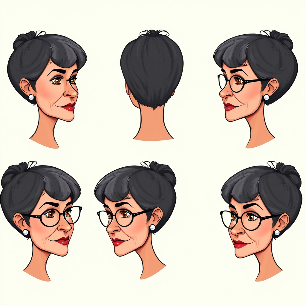 Photorealistic image of six headshots of a 50 Years old, fit, European, Latina, sharp aquiline nose, wrinkles, high cheekbones, Middle Eastern, Skinny, Tanned skin, Dark light skin, full Makeup, jewelry, Sharp nose, frowning, exaggerated cartoon expression, lascive smile, dark grey Ash hair, short bowl haircut, Brown eye color, half closed eyes, round Glasses, with detailed features. Each photo displays the same face in back, profile and front view, cut out and isolated on a green background. All six heads are visible side by side, empty space around each view, no overlapping. 2D, caricature, cartoon, Sketch lines, coloring book style, well composed, clean coloring book page, No dither, no gradient, strong outline, vector illustration.