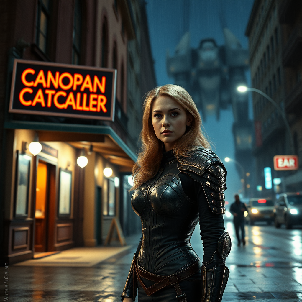 A city street, a bar with a sign that says "Canopean Catcaller". A woman standing in front. She resembles Ana de Armas, has strawberry blond hair and is wearing a formfitting modern armor. Hyperrealistic, digital matte painting, night, raining, film grain, chromatic aberration. Battlemech towering in the background of the image.