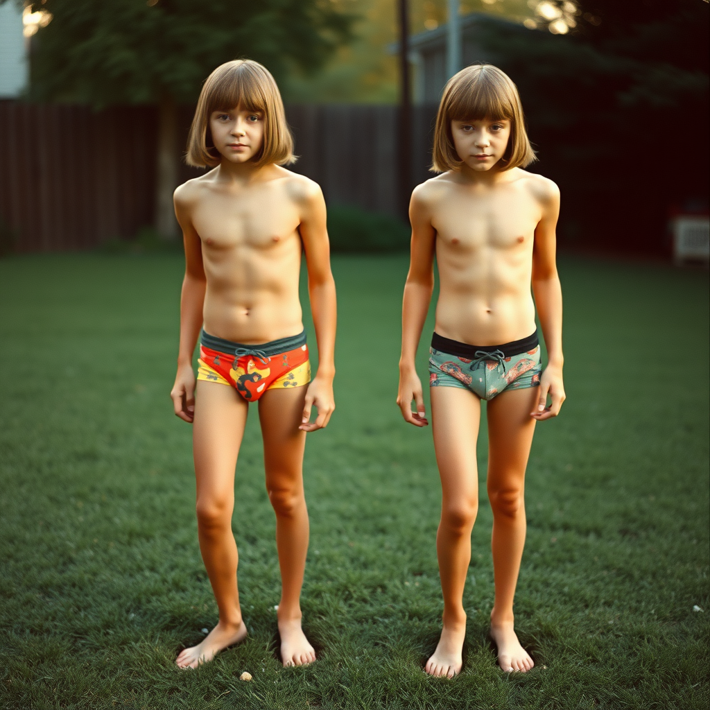 two tall 14yo teen boys, long hair bob cut, wearing very tight colorful briefs, long legs, narrow thighs, full-length front view. 1970s. Playing at backyard. photorealistic, ultra high resolution, 16K, Negative: grainy, blurry, bad anatomy, extra limbs, watermark.