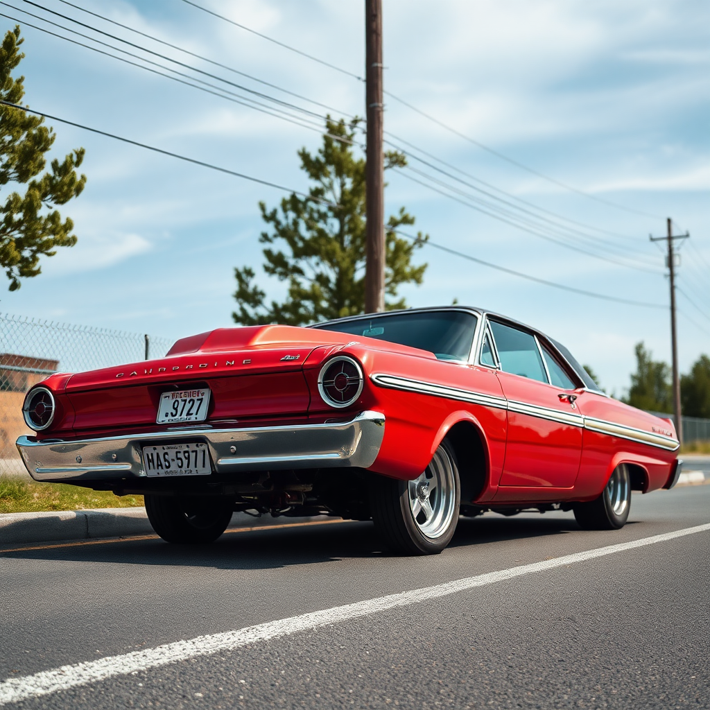 The drag car is parked on the side of the road, inspired by Taiyō Matsumoto, tumblr, restomod, nd4, c4 metallic shine candy red classic american low rider custom ford