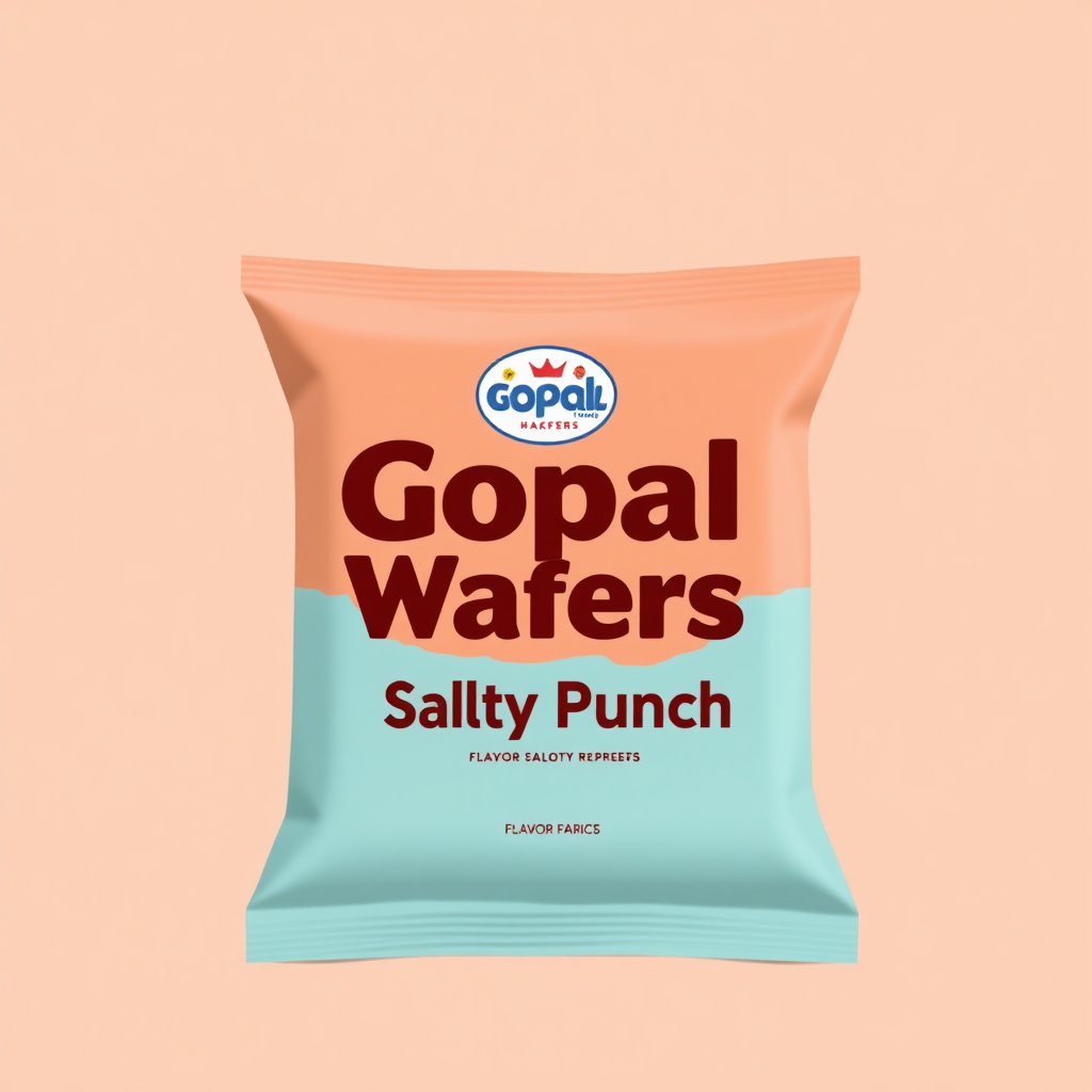 Design a minimalist and modern redesign of the Gopal Wafers Salty Punch packet. Maintain the original packet shape and flavor name. Use a warm color palette that complements the original logo while creating a fresh and contemporary feel. Emphasize the "Salty Punch" flavor name in bold, contrasting typography. The overall design should be clean, uncluttered, and appealing to a broad audience.