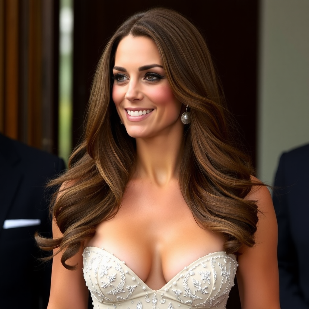 Beautiful very long haired Kate Middleton bare skinned wearing pasties on her breasts