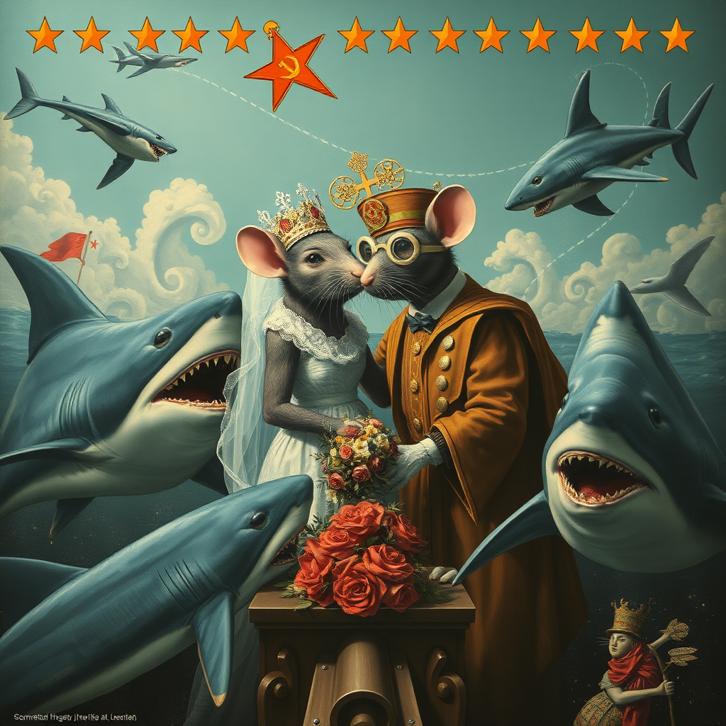 A rat wedding being attacked by sharks, Catholic, Soviet propaganda poster, steam punk