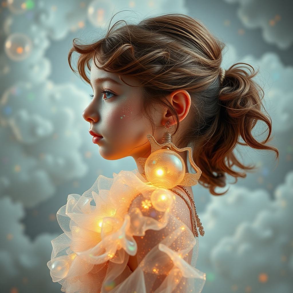 preteen girl in dynamic pose, in profile, abstract, mandelbulb fractal, ultra-detailed, dynamic composition, artistic photograph, fractal, brilliant colors, glittering, transparency, translucent, opal, gold, romanticism, sharp focus, floral, mother of pearl, iridescent, clouds, natural, glowing