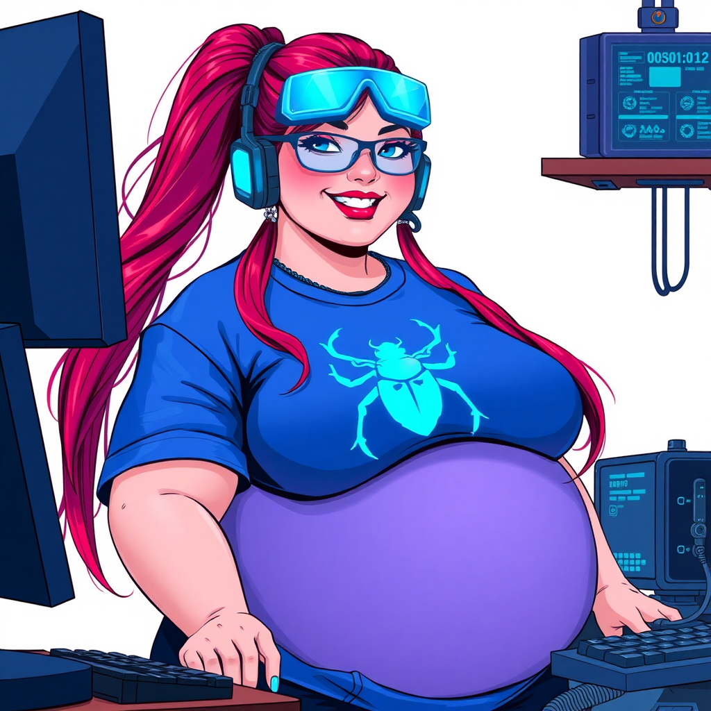 A cyberpunk vigilante’s full-figured intelligent and tech-savvy 29-year-old girlfriend, who is a computer hacker and tech genius. She has a long ruby red ponytail and bright blue eyes. She wears maximum blue lipstick, a sapphire beetle gemstone necklace, sapphire earrings, and an oversized maximum blue t-shirt featuring a neon blue glowing icon of a beetle on its chest. She has a full-figured physique with a prominent, gargantuan, round midsection, reflecting her well-cared-for lifestyle. She sports a sapphire headset with hi-tech maximum turquoise lensed HUD eyeglasses, and a beaming smile with a passionate bright red blush. Despite her figure and a lack of self-esteem, she radiates beauty. She has a slim face which contributes to her radiant beauty. She serves as his tech expert from his hideout, diligently working at her lab table and computer desk. The background is solid white. She is drawn as if she was in a retro 2D cyberpunk fighting game.