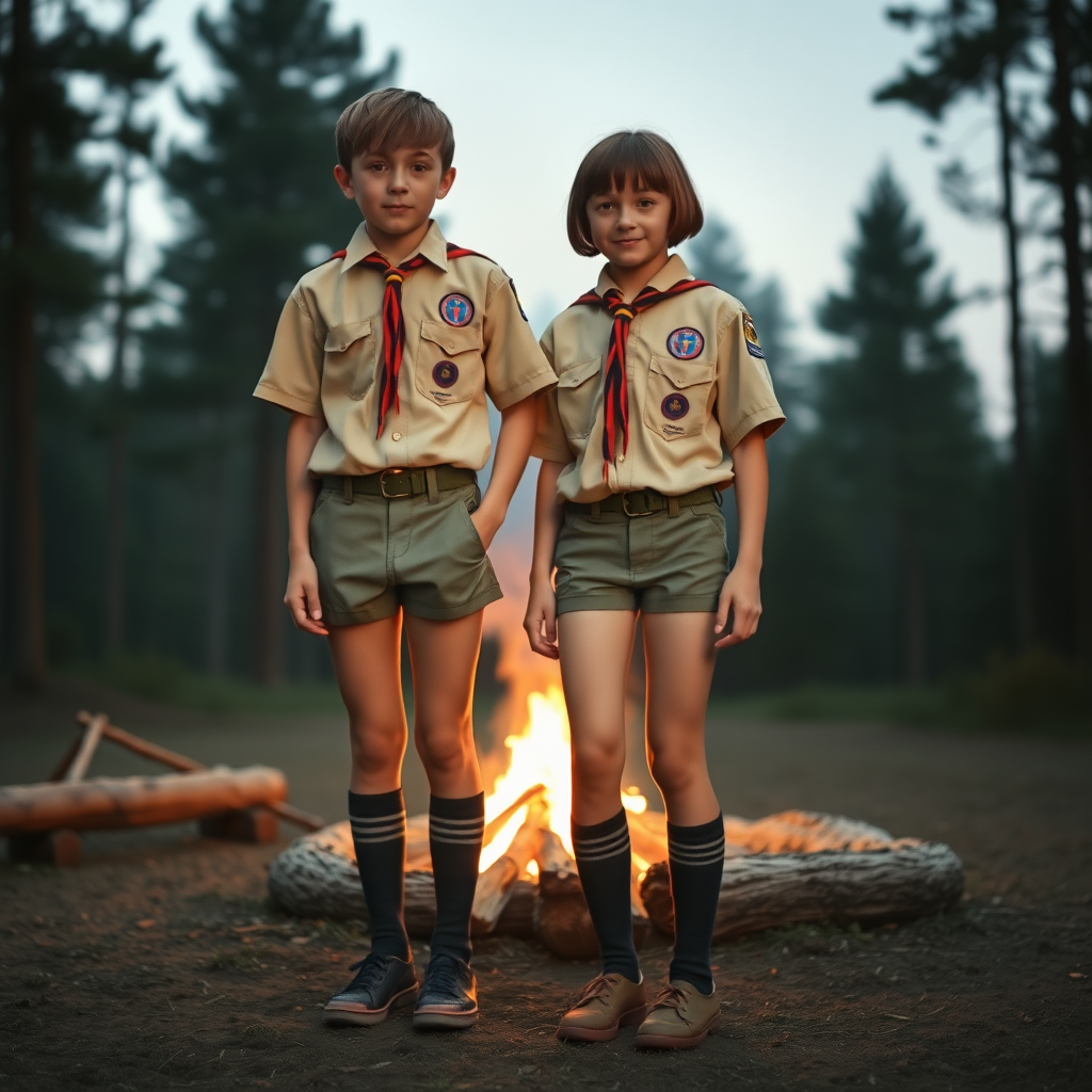 two tall 14yo teen boys, bob cut, wearing American boy scout uniform with uniform matching very tight booty shorts, tube socks, shoes, long legs, narrow thighs. a campfire. full-length view. 1980s. photorealistic, ultra high resolution, 16K, Negative: grainy, blurry, bad anatomy, extra limbs, watermark.