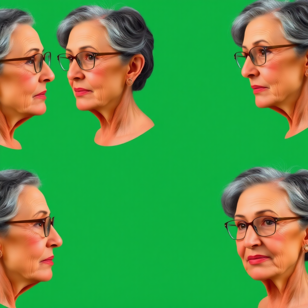 Photorealistic image of six headshots of a 55 Years old, European, Latina, sharp aquiline nose, wrinkles, high cheekbones, Middle Eastern, Skinny, Tanned skin, Dark light skin, full Makeup, jewelry, Sharp nose, frowning, delighted, dark grey Ash hair, short bowl haircut, Brown eye color, Glasses, with detailed features. Each photo displays the same face in profile and front view, cut out and isolated on a green background. All six heads are visible side by side, empty space around each view, no overlapping.