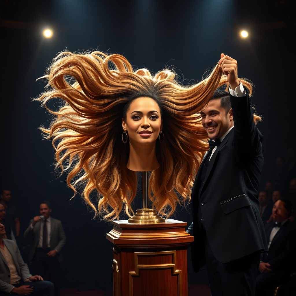 In a dimly lit theater, the atmosphere crackles with anticipation, the audience's murmurs a blend of curiosity and skepticism. On a grand, elegantly adorned display stand sits the disembodied head of the enchanting Beyoncé, her radiant skin glistening under the soft, warm glow of the spotlight. Her striking features are perfectly framed by cascading locks of lustrous, very long hair that shimmer with hues of light brown and hints of rich mahogany, reminiscent of polished silk.

Standing beside her is the magician, a charismatic figure in a sharp, tailored suit that glints with sequins in the light. With theatrical flair, he holds her voluminous hair aloft, fingers splayed wide, deftly spreading it out like a shimmering waterfall, mesmerising the audience. The hair flows like liquid night, each strand capturing the light as it falls gracefully to the ground, creating a stunning, almost surreal contrast against the stark wooden stage.

The magician’s face is lit with a confident smile, his eyes sparkling with the thrill of the performance, as he engages the audience with playful banter. Their gasps and laughter echo throughout the room, a symphony of wonder and disbelief. The scent of polished wood and fresh popcorn wafts through the air, mingling with the underlying electricity of the moment. Time seems to stand still as the audience leans in, captivated by the spectacle, a seamless blend of illusion and artistry that promises to defy reason and ignite imagination.