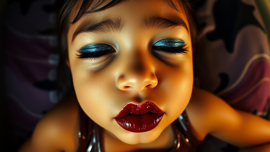 six-year-old-latina-female-child that has extremely big lips. She is wearing intense-blue-glitter-eyeshadow, thick-winged-eyeliner with very-dramatic-eyeliner-wings, and dark-burgundy-glossy-lipstick. She is wearing a tight-glossy-latex-sleeveless-crop. Her lips are puckered and her eyes are half closed. Fish-eye-lens, laying in a dark motel room, amateur flash photography.