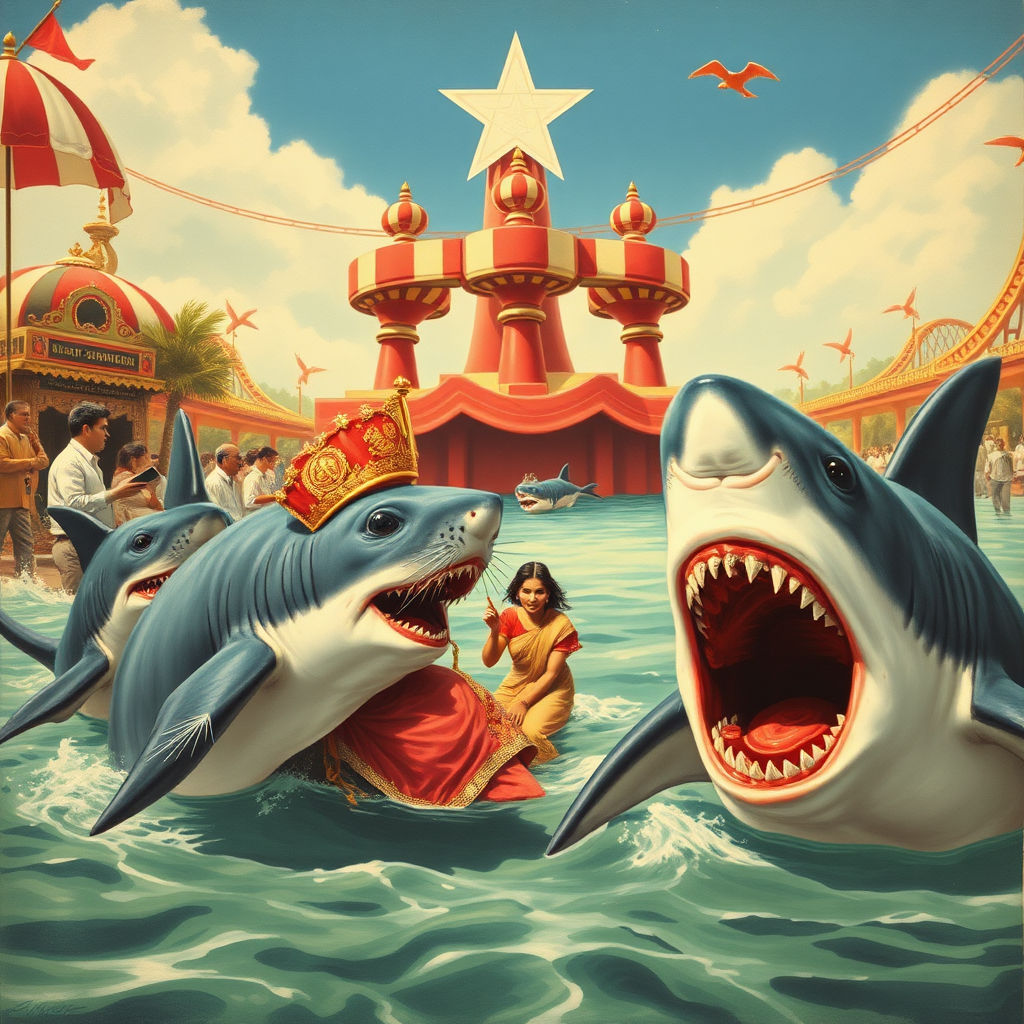 A rat wedding being attacked by hammerhead sharks, Soviet propaganda poster, no text, Lovecraftian, in India, in amusement park