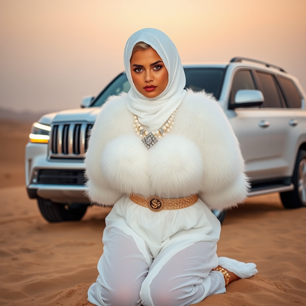 Kuwait desert dunes misty dawn, full size luxury SUV: Melissa, European 17 years old very convincing femboy “trophy-bimbo”, tamed servile docile, very beautiful feminine flawless face, rather short, by hormones very curvaceous womanly figured, platinum blond short tight curls, bold red lips, heavily made-up face, wearing Supertanya-style fluffy very fuzzy bright white angora turtleneck-poncho cropped ending under bust decorated with pearls and gemstones, striking oriental wide gold bridal protection belt, white fully transparent harem pants, full Oriental bridal jewelry, face covered by white sheer full Burka, coin anklets, striking diamond “$$$” letter brooch on left chest, pout frustrated, hands tied behind back, kneeling in sand in front of SUV, looking at camera. Focus on face and turtleneck-poncho.