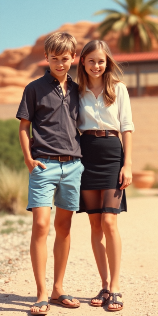 Vintage photo, 1980s. Hot summer. Mars. A tall skinny 13yo teen boy wearing short shirt, tight booty shorts, long legs, bare thighs. With a girl wearing shirt, long skirt. Full length view.