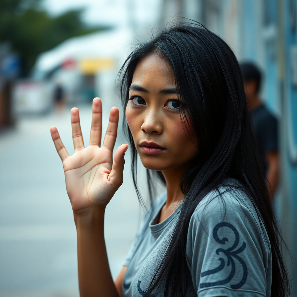 A very thin, mysterious but nevertheless pretty, sad and homeless, about 30 years old, healthy, young-at-heart Asian woman with a very dark skin color and with a T-shirt and long, jet-black hair and very typical and black Asian eyes, is very ashamed to look me in the eye and waves to me very embarrassed.