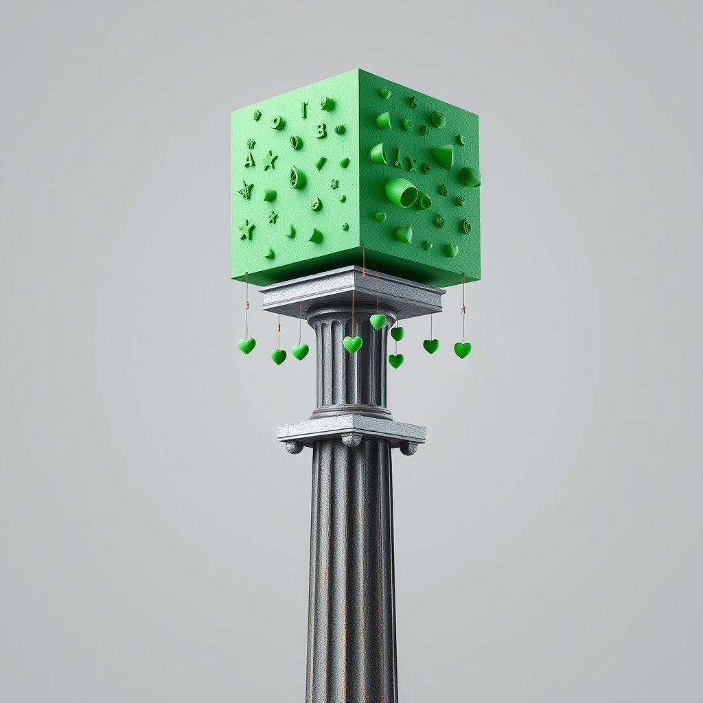 A photograph of a thin small, ancient Greek column made out of steel with weathered, fluted details at the base. Atop the column is an oversized, normal green rectangular volume, functioning as a funky art installation. The large green structure dramatically overshadows the small column, with numerous quirky green objects—such as small hearts, stars, and abstract shapes—hanging from it. The surreal and playful installation creates a striking contrast between the ancient, minimal column and the modern, weird design.