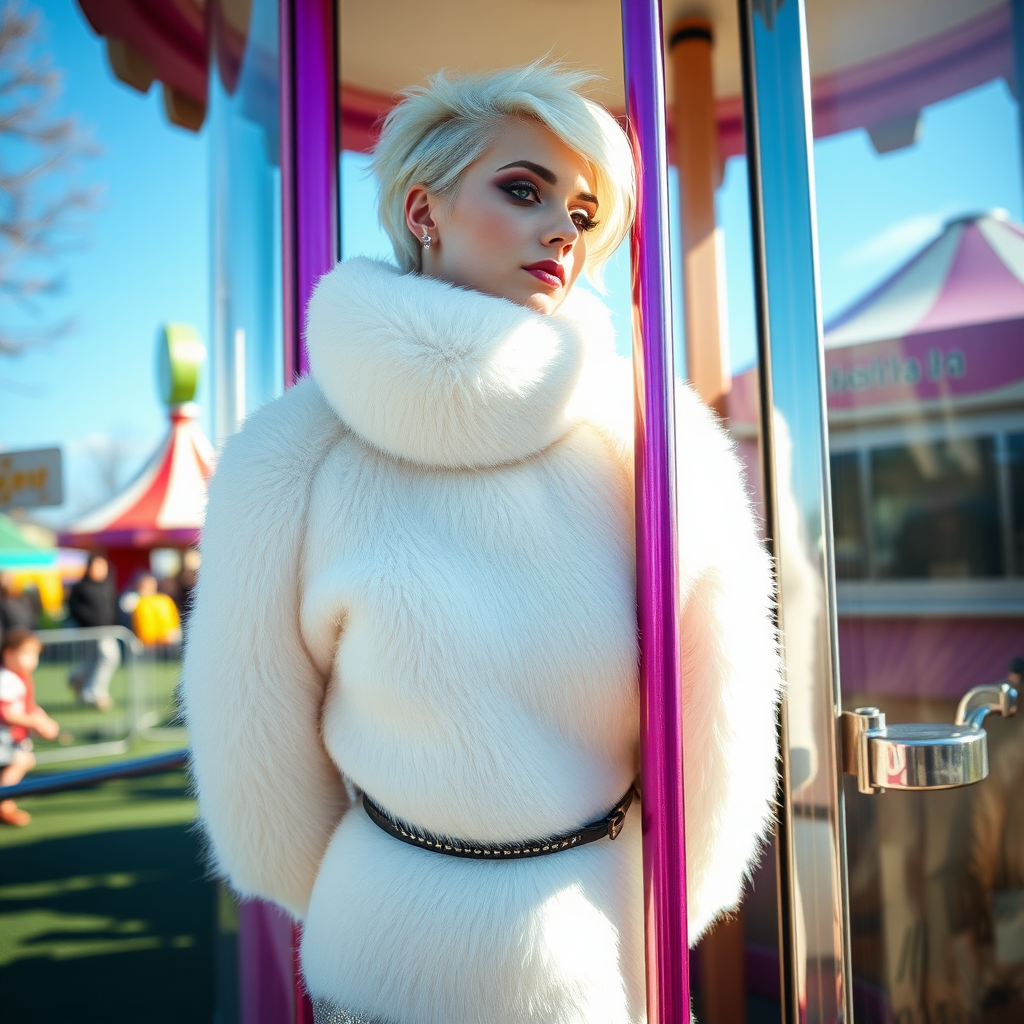 Amusement park “kissing booth”, sunny spring Sunday morning. Sam, 19 years old beautiful involuntary femboy, rebellious intractable character, petite boyish figure, platinum blond boyish rebel punk hairstyle, flawless heavily made-up face with sharp arched tattooed eyebrows, wearing Supertanya-style fluffy very fuzzy bright white angora thigh-length turtleneck-poncho fully covering body and arms, silver-glitter leggings, black leather high-heeled pumps, silver earrings, both hands tied to pole behind back, standing inside kissing booth, waiting for next customer to kiss. Focus on Sam’s face and turtleneck-poncho.