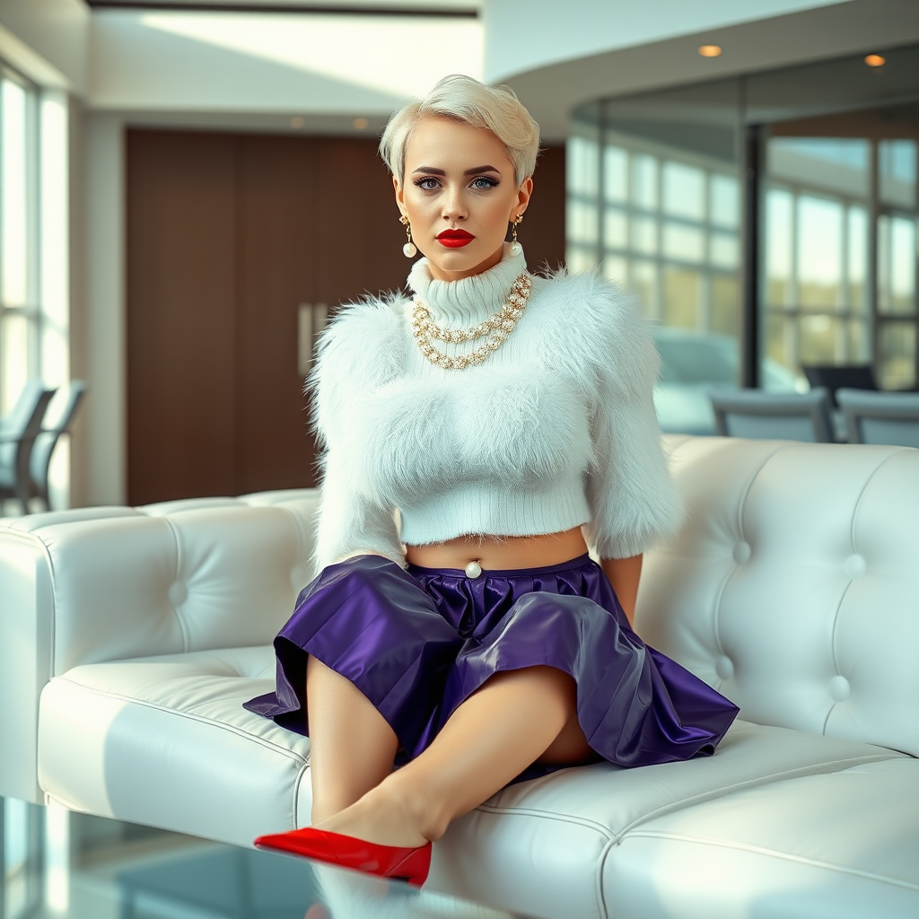 Sunny spring morning, modern glass-steel-concrete CEO office, sitting on white leather sofa: 17 years old very convincing femboy, tamed servile docile, very beautiful feminine flawless face, rather short, by hormones very curvaceous womanly figured, platinum blond short tight curls, bold red lips, heavily made-up face, wearing Supertanya-style fluffy very fuzzy bright white angora turtleneck-poncho cropped ending under bust decorated with pearls and glass stones, purple vinyl pleated mini-skirt, bright red pumps with golden very high heels, white pearl belly piercing, gold earrings, pout frustrated, looking at camera. Focus on face and turtleneck-poncho.