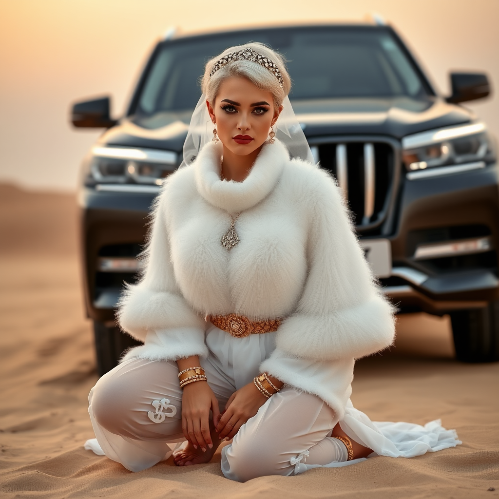 Kuwait desert dunes misty dawn, full size luxury SUV: Melissa, European 17 years old very convincing femboy “trophy-bimbo”, tamed servile docile, very beautiful feminine flawless face, rather short, by hormones very curvaceous womanly figured, platinum blond short tight curls, bold red lips, heavily made-up face, wearing Supertanya-style fluffy very fuzzy bright white angora turtleneck-poncho cropped ending under bust decorated with pearls and gemstones, striking oriental wide gold bridal protection belt, white fully transparent harem pants, full Oriental bridal jewelry including headpiece, white transparent harem-style alluring face veil covering noose and mouth, coin anklets, striking diamond “$$$” letter brooch on left chest, pout frustrated, hands tied behind back, kneeling in sand in front of SUV, looking at camera. Focus on face and turtleneck-poncho.