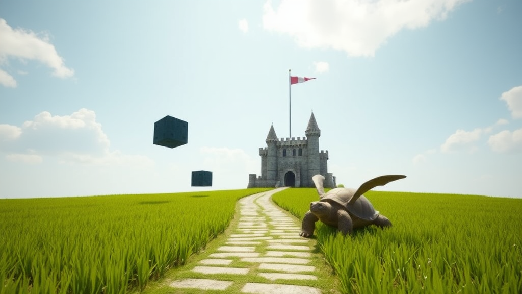 Exterior. Day. Green field. A pathway leads to a small castle with a tall flagpole outside. A few floating blocks made of bricks, and a large turtle with wings.