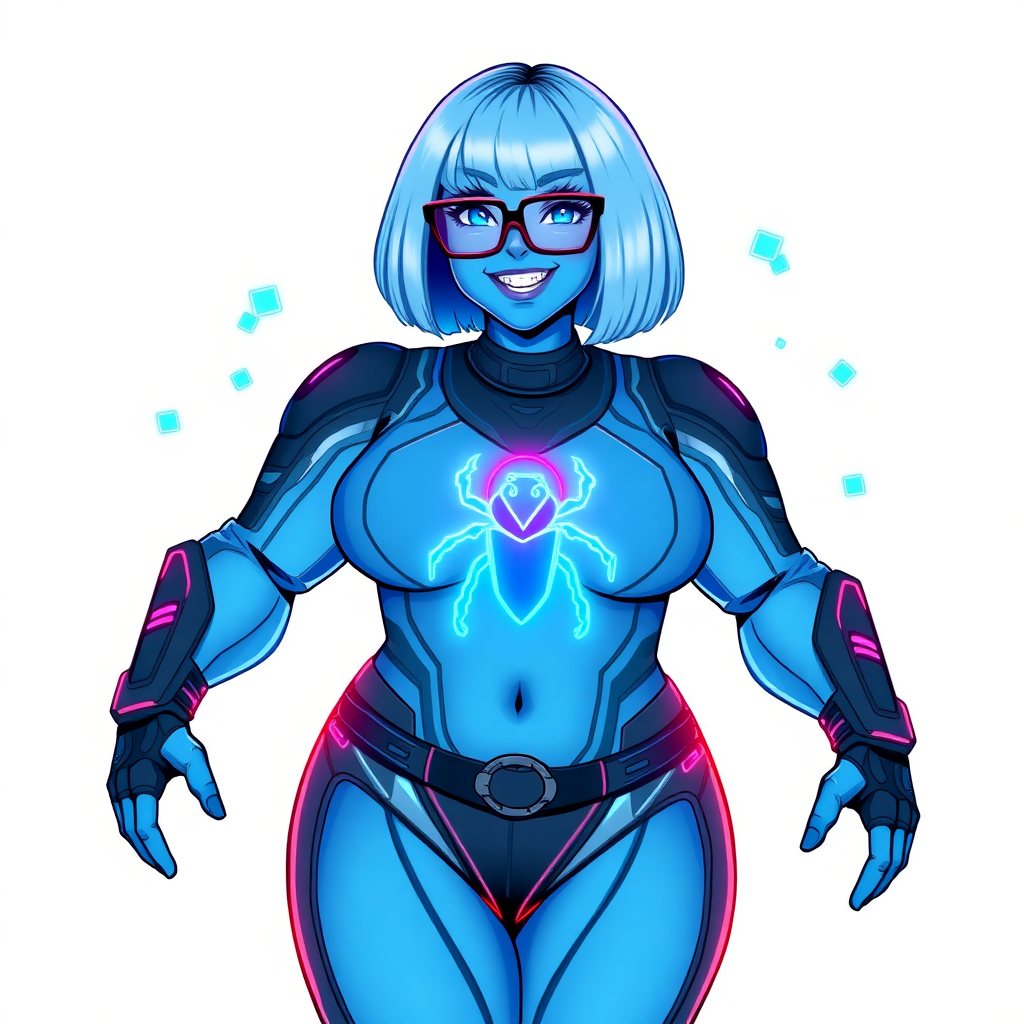 A 29-year-old computer science major, now transformed into a full-figured, nerdy digital sidekick for her cyberpunk vigilante boyfriend, with maximum blue skin. Her bob cut seamlessly blends with her skin, forming part of her data, and her neon blue eyes glow intensely. Her full figure is defined by a prominent round gargantuan midsection, sequoia-sized limbs, and broad shoulders. As a loyal and supportive sidekick, she plays a crucial role in their missions, using her digital skills to assist and protect.

She wears a digital, computerized bodysuit which blends with her hair and skin (appearing to merge together like computer data), all are colored maximum blue. The bodysuit has a glowing neon blue beetle chest icon, along with matching high-tech gloves. She bashfully giggles with a neon red blush, emitting neon blue data cubes from her body, set against a solid white background. Heavily pampered by her doting boyfriend, her full figure clearly shows this care. She has the ability to hack into computers and machines, and her nerdiness is blatantly obvious with her black oversized eyeglasses. Her full figure (especially her round gargantuan midsection) is prominently displayed and heavily emphasized. Her outfit is influenced by DC’s Jennifer Knight Phantom Lady but remains distinct. She is drawn as if she was in a retro 2D cyberpunk fighting game. Ensure her skin color is distinct from Inside Out's Sadness and any other character.