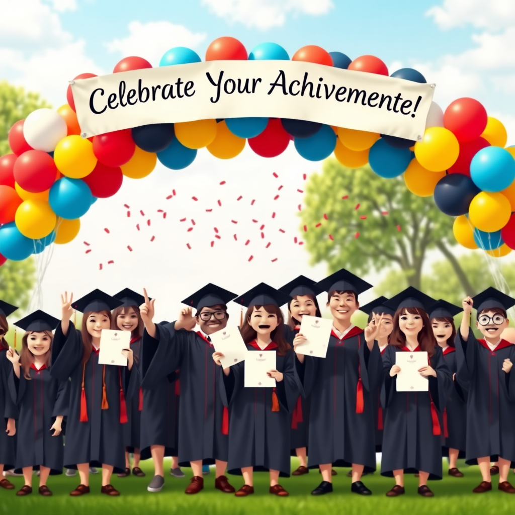 An imaginative scene depicting a graduation ceremony with a diverse group of students in caps and gowns, joyfully holding their diplomas under a colorful balloon arch, with a banner overhead reading, "Celebrate Your Achievements!"