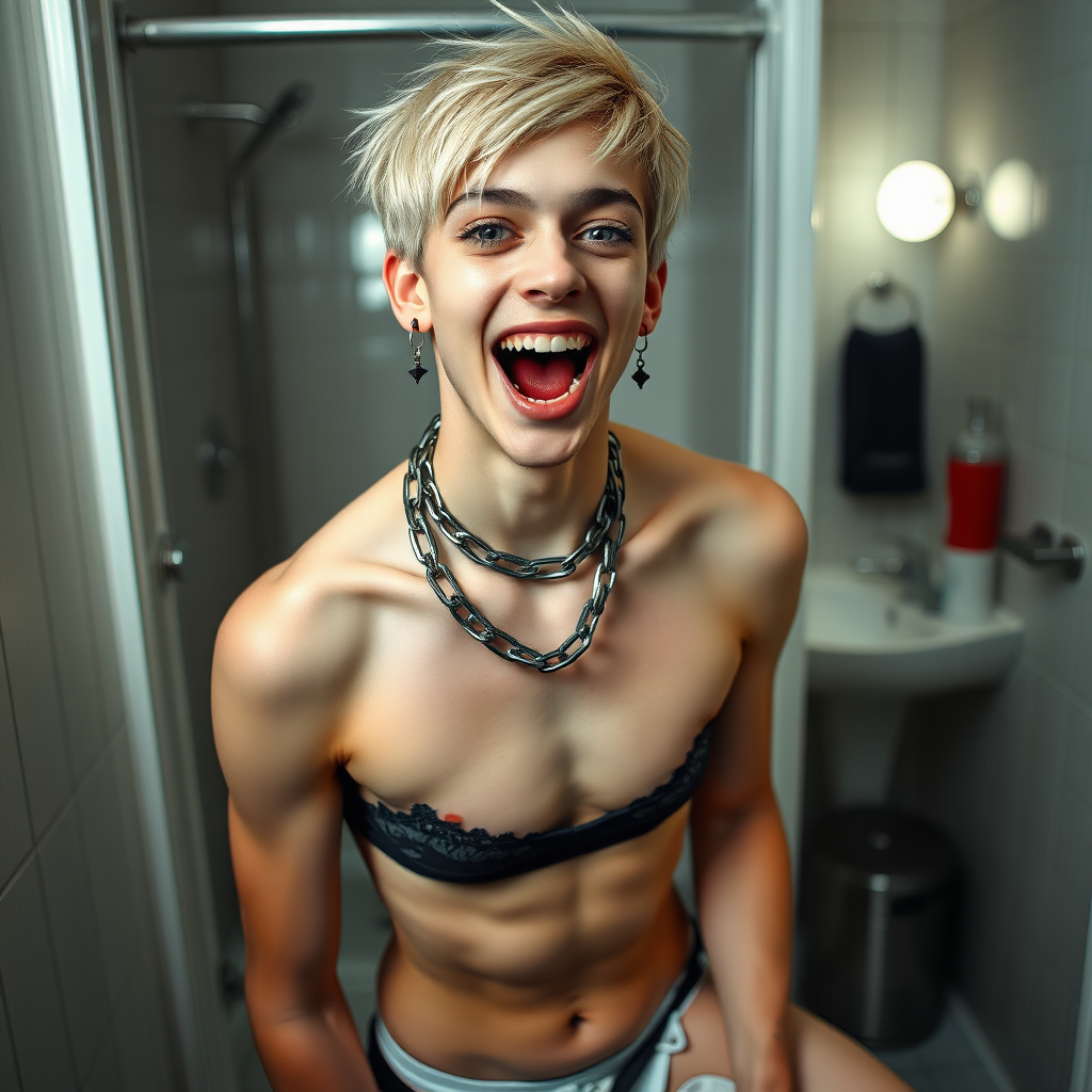 photorealistic, ultra high resolution, 16K, surreal fantasy, studio lighting, a pretty 16 year old goth boy, slim male physique, short blonde hair, goth makeup, earrings, spiky chain and leash, handcuffs, trainer-bra, pantyhose, white ballet shoes, in the bathroom, excited open mouth smile, facing the camera,