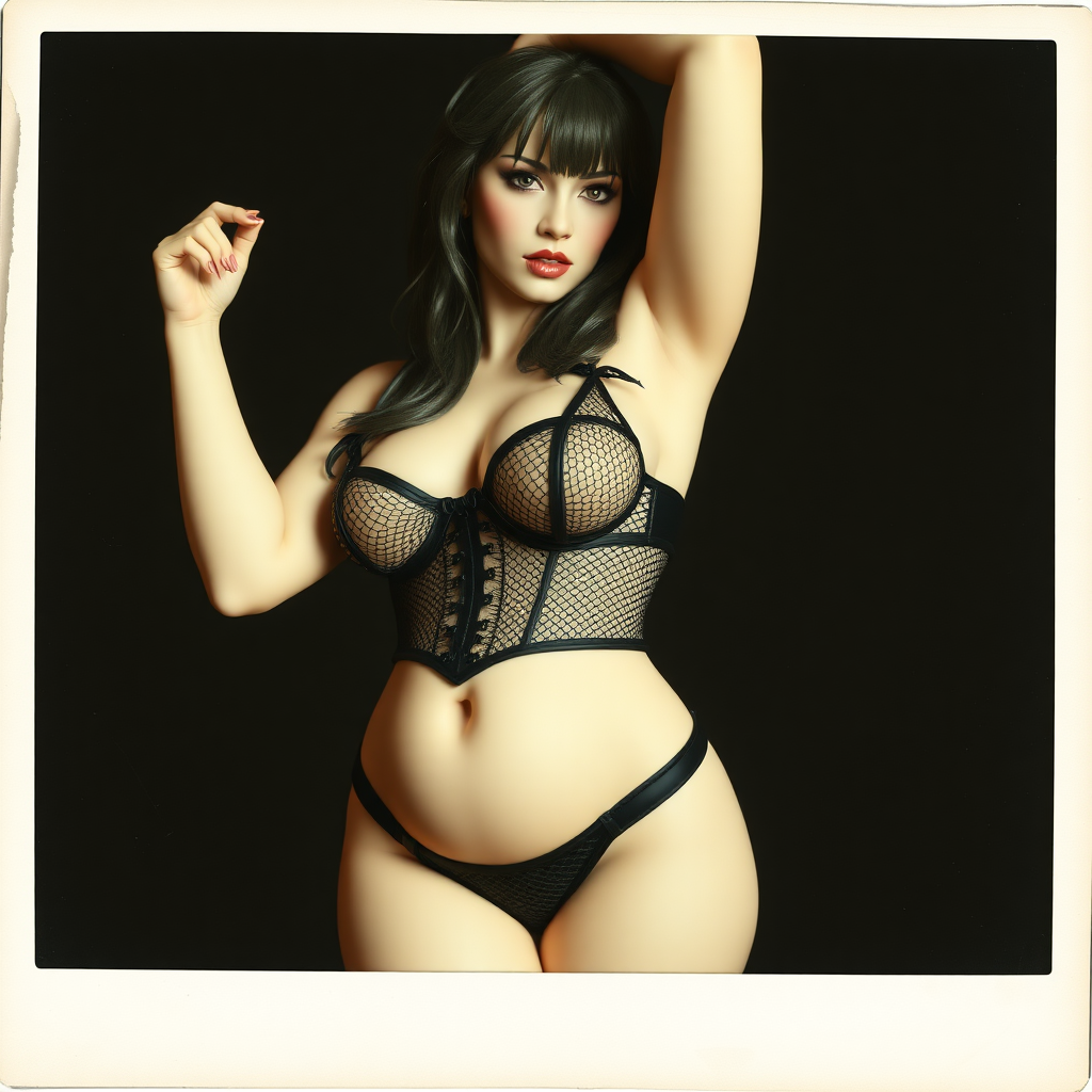 old polaroid photo of low detail 3d printed plastic model of sexy thicc curvy succubus girl wearing revealing black mesh bikini gstring thong and corset