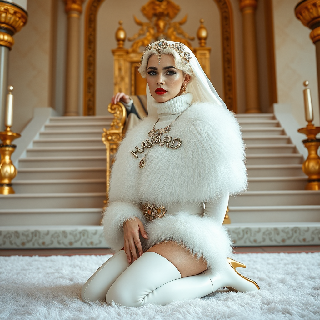 Kuwait desert palace throne room, throne raised on stair head, old overweight mighty sheik sitting on throne. In front of stairs, kneeling on white fluffy carpet: Melissa, European 17 years old very convincing femboy “trophy-bimbo”, tamed servile docile, very beautiful feminine flawless face, rather short boyish figure, platinum blond short tight curls, bold red lips, heavily made-up face, wearing Supertanya-style fluffy very fuzzy bright white angora turtleneck-poncho cropped ending under bust decorated with pearls and gemstones, striking oriental ancient chastity belt, white vinyl thigh-high boots with golden heels, full Oriental bridal jewelry with striking headpiece, full Oriental face-jewelry, striking diamond “HAVARD” letter brooch on left chest, pout frustrated, hands tied behind back, looking at camera. Full view of scene, side perspective.