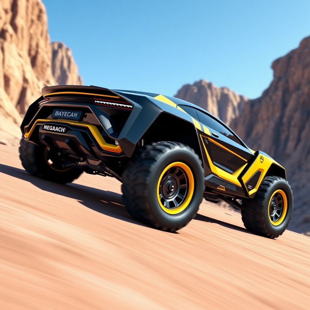 A 3D render of a futuristic Maybach supercar with off-road tires. The car is inspired by the Megazord and has a black and yellow color scheme. The car is driving through a canyon with steep cliffs. The background is clear blue sky.