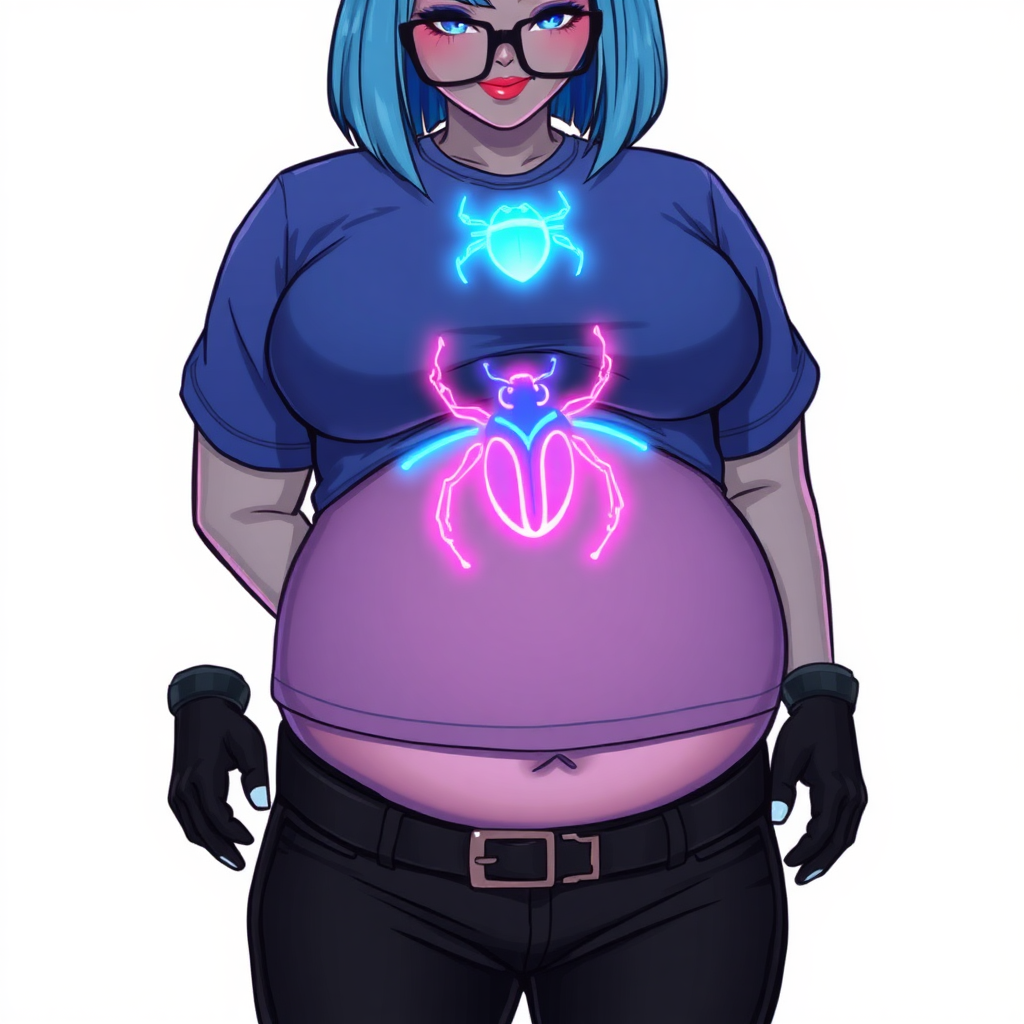 A 28-year-old, full-figured, metallic middle gray skinned computer program hybrid with a maximum blue bob cut. She has a non-athletic build, highlighted by a prominent, round, large midsection (with a full emphasis on her belly). As a digital sidekick, computer hacker, and nerdy girlfriend to her cyberpunk vigilante boyfriend, her middle gray metallic skin and maximum blue lipstick emphasize her digital nature. She wears a costume consisting of a tight-fitting, maximum blue t-shirt (accentuating her large belly) with a neon blue glowing chest icon of a beetle, black pants, a black belt with a sapphire scarab buckle, and black gloves. Her bright blue eyes, black eyeglasses, and lovestruck smile with neon red blush accentuate her nerdiness. She stands bashfully with her hands behind her back, her costume covering all her skin and emphasizing her full-figured, non-athletic physique. She is on a solid white background. She is drawn as if she was in a retro 2D cyberpunk fighting game. She is clearly non-athletic, with emphasis on her full-figured and pudgy physique. Ensure her t-shirt covers her midsection (especially her large belly).