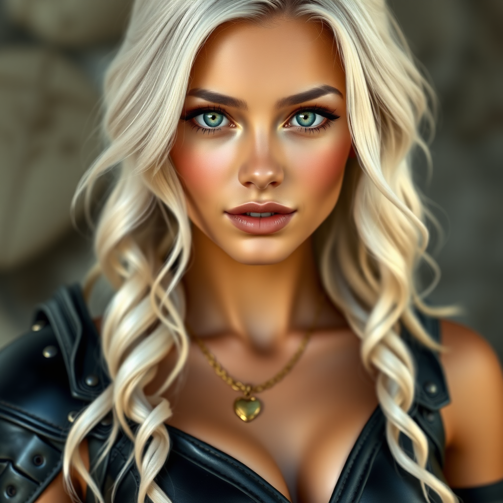 Portrait of a beautiful young woman with long wavy platinum blonde hair, green eyes, a suntan, large breasts, and light brown eyebrows. She is wearing black leather armor and a gold necklace with a small heart pendant.