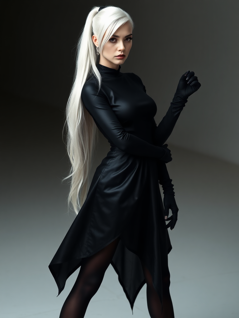 mature adult woman, skinny and tall, long legs, large shoulders, teardrop saggy small breast, long asymmetric undercut layered white hair, side swept bang, long white ponytail tied with a black lace, beautiful detailed face, piercing red eyes with intricate iris details, looking at the camera with a serious expression, wearing gothic style, black silk long sleeve top, black silk long skirt, black pantyhose, black gloves, black ankle boots, standing in a fierce pose with her head held high