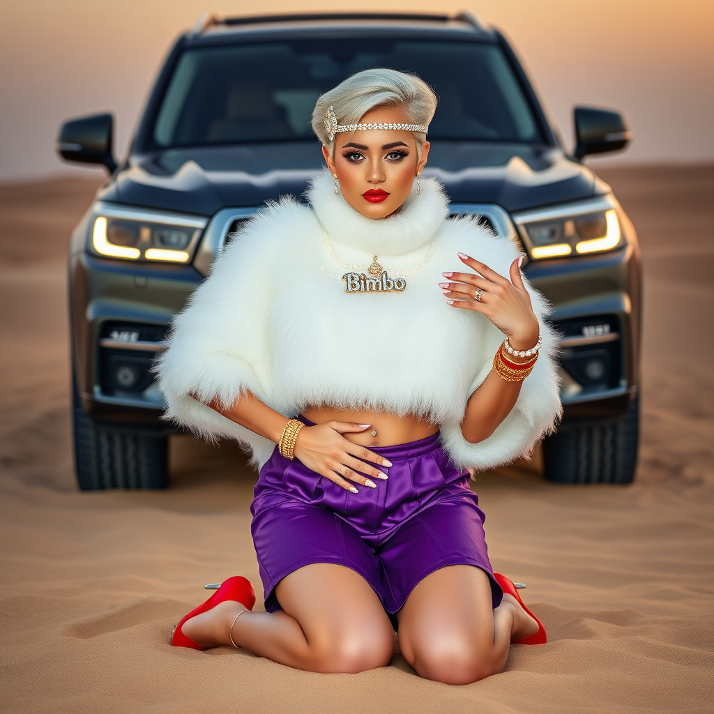 Kuwait desert dunes misty dawn, full size luxury SUV: Melissa, European 17 years old very convincing femboy “trophy-bimbo”, tamed servile docile, very beautiful feminine flawless face, rather short, by hormones very curvaceous womanly figured, platinum blond short tight curls, bold red lips, long white French nails, heavily made-up face, wearing Supertanya-style fluffy very fuzzy bright white angora turtleneck-poncho cropped ending under bust decorated with pearls and glass stones, very tight purple vinyl mini pleated skirt, bright red pumps with golden very high heels, white pearl belly piercing, full Oriental bridal jewelry including headpiece, nose-ring, coin wristlets, coin anklets, striking diamond “Bimbo” letter brooch on left chest, thick heavy pearl wristlets, pearl anklets, pout frustrated, kneeling in sand in front of SUV, looking at camera. Focus on face and turtleneck-poncho.